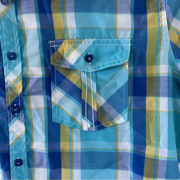 True Rock Mens short sleeve blue/yellow button up plaid shirt, size Large - Picture 3 of 9